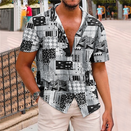 

Homme Chemise Chemise hawaïenne Bloc de couleur Imprimés Photos Géométrie Collier cubain Gris Casual Vacances Manche Courte Bouton bas Imprimer Vêtement Tenue Sportif Mode Vêtement de rue Design