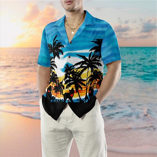 

Homme Chemise Chemise hawaïenne Cocotier Imprimés Photos Collier cubain Bleu Casual Vacances Manche Courte Bouton bas Imprimer Vêtement Tenue Tropique Mode Vêtement de rue Hawaïen