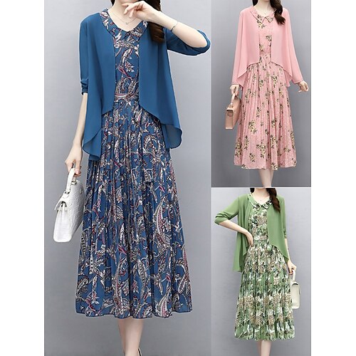 

Dame Todelt kjolesett Floral kjole Print kjole Daglig Ut på byen Fritid Trykt mønster Midikjole Crew-hals Langermet Blomstret Normal Rosa Grønn Mørkeblå Sommer Vår M L XL XXL XXXL