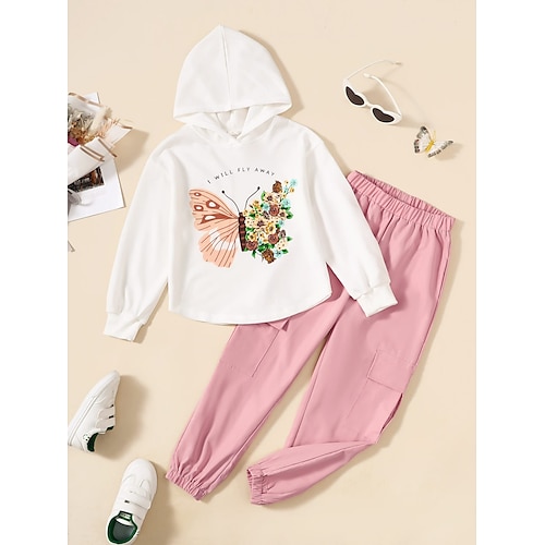 

2 pezzi Bambino Da ragazza Farfalla Felpa con cappuccio e pantaloni Impostato Manica lunga Attivo Esterno 7-13 anni Autunno Multicolore