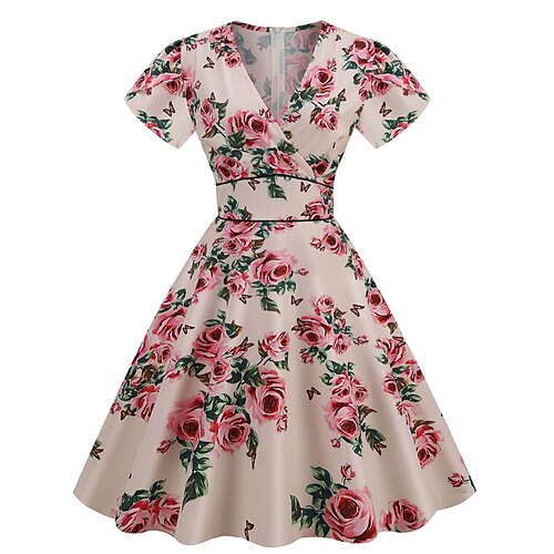 

Per donna Retrò Elegante Abito vintage Vestito longuette Esterno Giornaliero Increspato Stampa Floreale A V Manica corta Standard Estate Primavera 2023 Rosa chiaro Rosa S M L XL