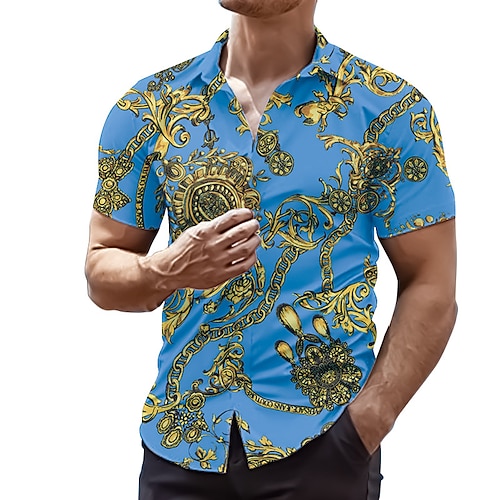 

Herren Hemd Grafik-Drucke Ketten drucken Umlegekragen Blau Strasse Casual Kurze Ärmel Button-Down Bedruckt Bekleidung Tropisch Sport Strassenmode Designer