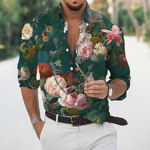 Beige white floral print long sleeve button shirt