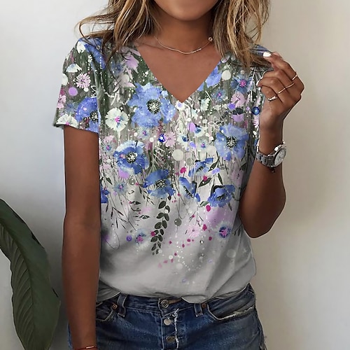 

Women's T shirt Tee Pink Blue Green Floral Print Short Sleeve Holiday Weekend Basic V Neck Regular Floral Painting S