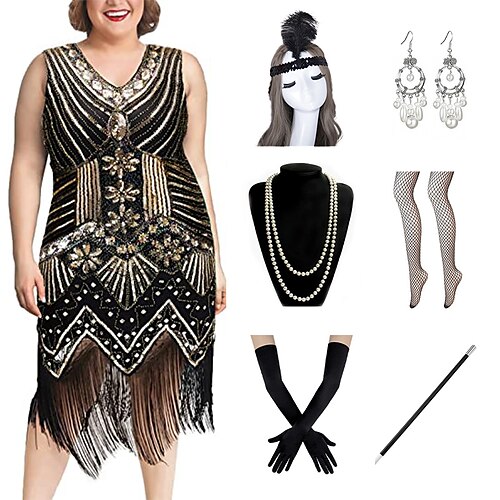 

Den store Gatsby Brølende 20'ere 1920'erne Cocktail Kjole Vintage kjole Flapper Kjole Cocktailkjole Tilbehør sæt Dame Pailletter Kvast Kostume Årgang Cosplay Fest / aften Skolebal Kjole Maskerade