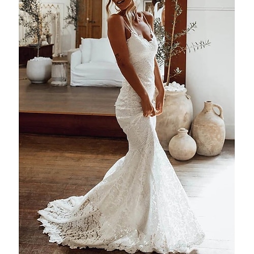 

Spiaggia / Destinazione Boho Abiti da sposa Strascico di corte A sirena Senza maniche Con bretelline Di pizzo Con Con applique Tinta unita 2023 Abiti da sposa