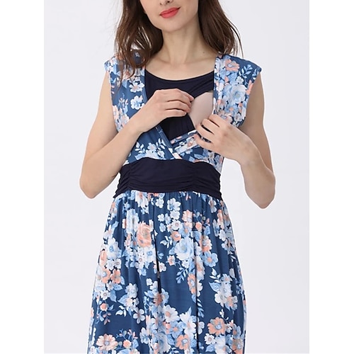 

kvinners baby shower gravidgenser kjole fritidsgenser kjole blomstergenser kjole sommergenser kjole blomster midi genser kjole ermeløst trykk v-hals blå mørkeblå vår sommer s m l xl xxl