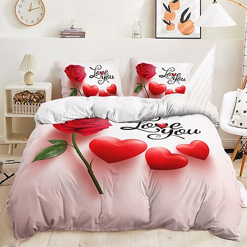 

Juego de ropa de cama con funda nórdica para el día de San Valentín en 3D, funda de edredón con 1 funda nórdica o colcha, 1 sábana, 2 fundas de almohada para cama doble/reina/rey (1 funda de almohada