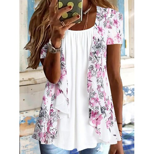 

Mulheres Camisa Social Blusa Azul Claro Rosa Azul Floral Imprimir Manga Curta Casual Feriado Básico Decote Redondo Padrão Tema Flores S