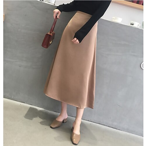 

Damen A-Linie Midi Seide wie Satin Schwarz Staubiges Blau Khaki Aprikose Röcke Herbst Modisch Elegant Täglich Verabredung S M L