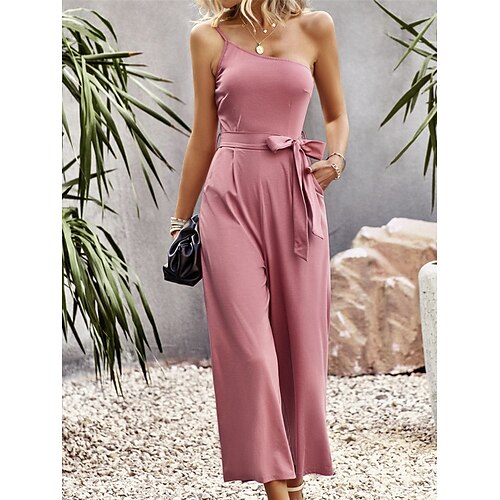 

Damen Jumpsuit mit Schnürung Rückenfrei Feste Farbe Ein-Schulter Strassenmode Brautkleider schlicht Täglich Urlaub Regular Fit Gurt Schwarz Rosa Wein S M L XL Frühling