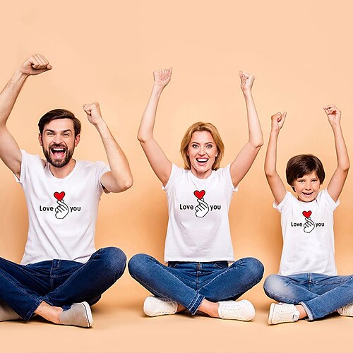

Familie udseende Valentinsdage T-shirt Hjerte Bogstaver Afslappet Sort Hvid Rød Kortærmet Basale Matchende outfits
