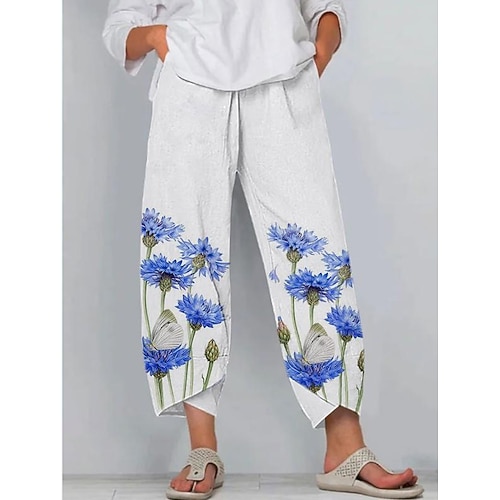 

Dame Tilspidsede bukser Bukser Poset Imiteret Hør Blå Grøn Mode Ferie Weekend Sidelommer Trykt mønster Ankel-længde Komfort Blomstret S M L XL 2XL