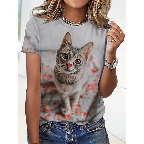 

Damen T Shirt Grau Katze Kurzarm Heim Casual Basic Rundhalsausschnitt Standard 3D Cat S