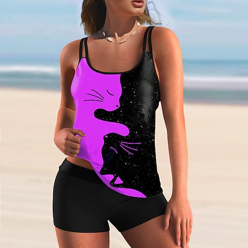 

Mulheres Roupa de Banho Tankini 2 partes Normal roupa de banho 2 Peças Estampado Peixes Rosa claro Azul Roxo Malha Íntima Fatos de banho Esportivo Verão