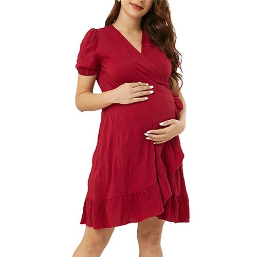 

Per donna Abito di maternità Abito casual Abito da allattamento Leopardo Vestito longuette Manica corta Lacci Con balze A V Di tendenza Esterno Rosso bordeaux Primavera Estate S M L XL