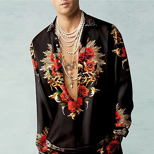 

Herren Hemd Blumen Grafik-Drucke Umlegekragen Schwarz Outdoor Strasse Langarm Button-Down Bedruckt Bekleidung Tropisch Modisch Designer Weich