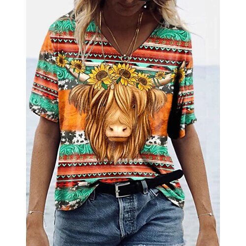 

T shirt Tee Femme Orange Graphic Tribal Patchwork Imprimer Manche Courte Intérieur Casual Rétro Vintage Ethnique Col V Normal Standard Abstrait Peinture S