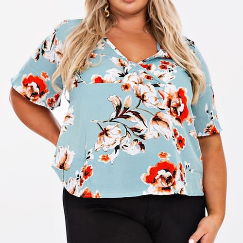 

Damen Hemd Bluse Blau Blumen Bedruckt Kurzarm Casual Festtage Basic V Ausschnitt Standard Leinen Blume Übergröße L