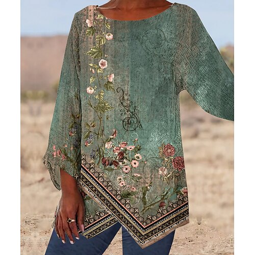 

Women's Shirt Blouse Green Floral Asymmetric Print Long Sleeve Casual Holiday Basic Round Neck Long Floral S