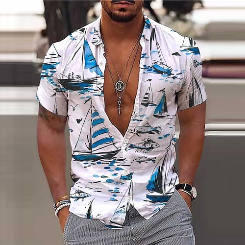 

Herren Hemd Hawaiihemd Sommerhemd Grafik-Drucke Schiff Umlegekragen Blau Strasse Casual Kurze Ärmel Button-Down Bedruckt Bekleidung Tropisch Sport Strassenmode Designer