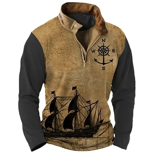 

Herre POLO Trøje Golftrøje Zip Polo Grafiske tryk Kompas Båd Aftæpning Brun udendørs Gade Langærmet Lynlås Trykt mønster Tøj Mode Gade Designer Blødt