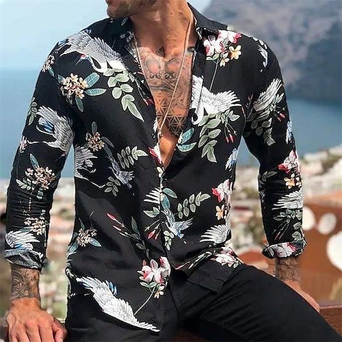 

Per uomo Camicia Camicia con bottoni Camicia estiva Maglietta informale Camicia da spiaggia Nero Blu Verde Manica lunga Pop art Foglie Collo ripiegabile Strada Da mare Bottone giù Abbigliamento Moda