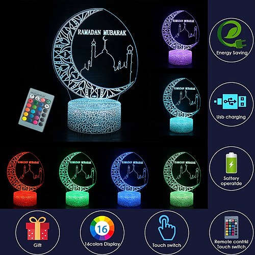 

ramadan 3d luna luci notturne decorazione mubarak islam chiesa 16 cambiamento di colore telecomando luce notturna decorazione atmosfera musulmana lampada per camera da letto soggiorno eid al-fitr luce