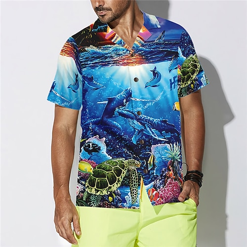 

Homens Camisa Social Camisa havaiana Estampas Abstratas vida marinha Aberto para a Lateral Azul Casual Feriado Manga Curta Botão para baixo Imprimir Roupa Tropical Moda Havaiana Macia