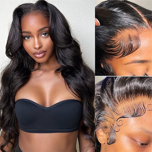 

body wave blonder frontparykker menneskehår forhåndsplukket 13x4 hd blonder frontparykk med babyhår 180% tetthet brasiliansk jomfru menneskehår blonder frontparykker for kvinner limfri naturlig svart
