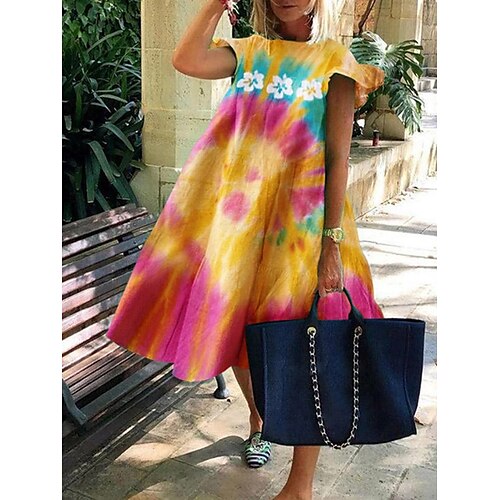 

Dame Uformell kjole Swingkjole Sommerkjole Blomstret Sommerfugl Rynket Drapering Crew-hals Midikjole Mote Moderne utendørs Daglig Kortermet Løstsittende Gul Rosa Blå Sommer Vår S M L XL XXL