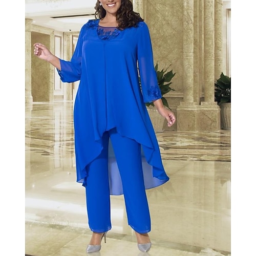 

Pantsuit 3 -dels jakkesæt Kjole til brudens mor Formel Elegant Høj halset Gulvlang Chiffon Satin Langærmet Indpakning inkluderet med Applikeret broderi 2023