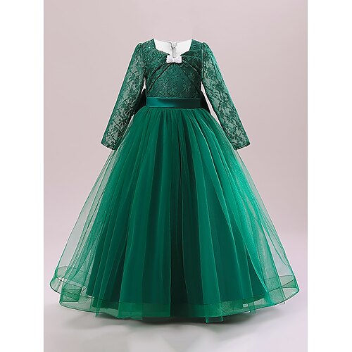 

vestito da ragazza per bambini vestito da festa a fiori in tinta unita abito lungo da sposa colletto quadrato manica lunga abito da principessa 4-13 anni verde estivo