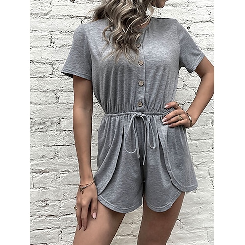 

Women's Romper Button Solid Color Crew Neck Streetwear Daily Vacation Regular Fit Short Sleeve Gray S M L Spring