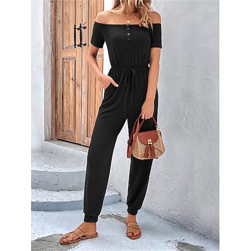 

Damen Jumpsuit Rückenfrei Tasche Feste Farbe Schulterfrei Strassenmode Brautkleider schlicht Festtage Urlaub Regular Fit Kurzarm Schwarz S M L XL Frühling