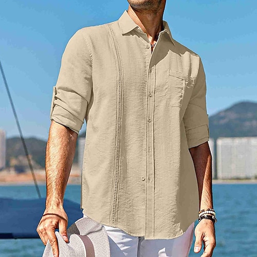 

Per uomo camicia di lino Camicia estiva Camicia da spiaggia Nero Bianco Blu marino Manica lunga Liscio Collo ripiegabile Primavera estate Informale Giornaliero Abbigliamento Tasca frontale