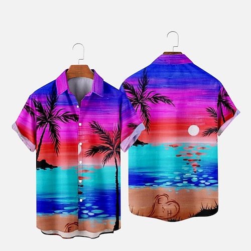 

Homens Camisa Social Camisa havaiana Coqueiro Estampas Abstratas pôr do sol Aberto para a Lateral Azul Roxo Fúcsia Ao ar livre Rua Manga Curta Botão para baixo Imprimir Roupa Tropical Moda Havaiana