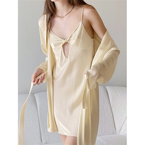 

Per donna Pigiami Accappatoi Camicia da notte Vestiti Colore puro caldo Informale Comoda Interni Giornaliero Da letto Raso Traspirante Spacco a V Manica lunga Primavera Estate Champagne