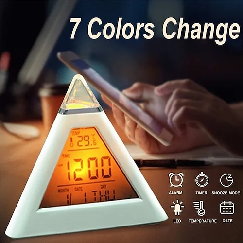 

Relojes de mesa en triángulo, 7 colores que cambian la temperatura del led, pantalla de semana, reloj despertador digital, relojes de decoración de mesa, reloj de noche para habitación