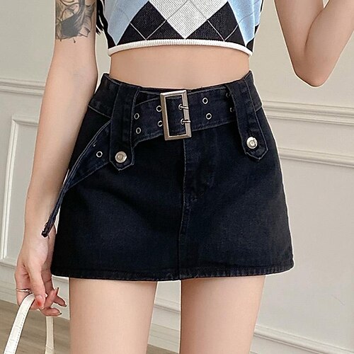 

Mulheres Evasê Mini Denim Preto Azul Saias Patchwork Cinto Incluso Y2K Rua Diário S M L