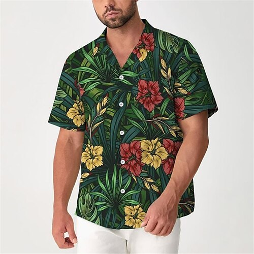 

Homens Camisa Social Camisa havaiana Floral Estampas Abstratas Folhas colar cubano Verde Casual Feriado Manga Curta Botão para baixo Imprimir Roupa Tropical Moda Roupa de rua Havaiana