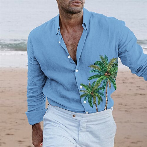 

Per uomo camicia di lino Camicia estiva Camicia da spiaggia Nero Blu marino Blu Manica lunga Pop art Collo ripiegabile Primavera estate Informale Giornaliero Abbigliamento Stampa