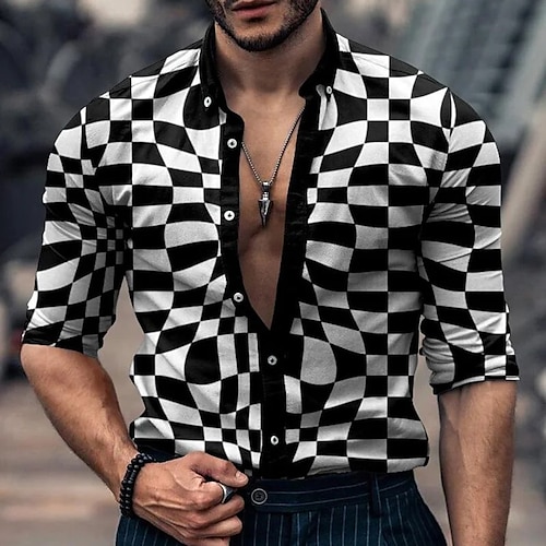 

Homens Camisa Social Quadriculada Estampas Abstratas Aberto para a Lateral Branco Ao ar livre Rua Manga Longa Botão para baixo Imprimir Roupa Tropical Moda Designer Macia