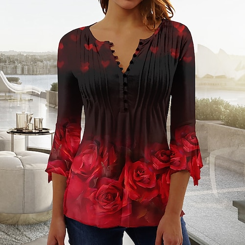 

Chemise Chemisier Femme Jaune Rose Claire Rouge Floral Bouton Imprimer Manches 3/4 Vacances Fin de semaine basique Col Rond Normal Standard Fleur S