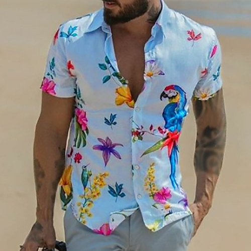 

Herre Skjorte Hawaii skjorte Blomstret Grafiske tryk Papegøje Aftæpning Lyseblå Gade Afslappet Kort Ærme Knap ned Trykt mønster Tøj Tropisk Mode Hawaiiansk Designer