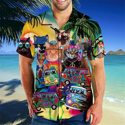 

Hombre Camisa camisa hawaiana Gato Coche Estampados Cuello Vuelto Arco Iris Casual Festivos Manga Corta Abotonar Estampado Ropa Tropical Moda Hawaiano Suave