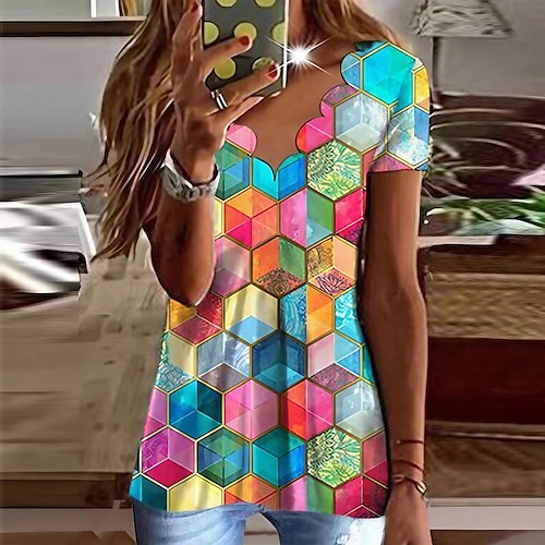 

Dam T-shirt Vit Regnbåge Geometrisk Mönster Kortärmad Helgdag Helgen Grundläggande V-hals Normal Blom-tema Geometriskt Målning S