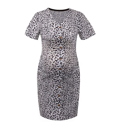 

kvinders barselstrøjekjole afslappet sweaterkjole sommersweaterkjole ammetrøjekjole leopard mini sweaterkjole kortærmet knapprint v-hals mode udendørs hvid forår sommer s m l xl