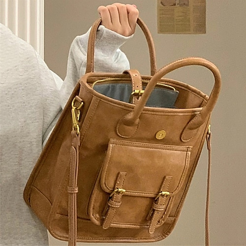 

Dame Crossbody taske Skuldertaske Skoletaske PU Læder Kontor Daglig Spænde Justérbar Stor kapacitet Holdbar Helfarve Brun