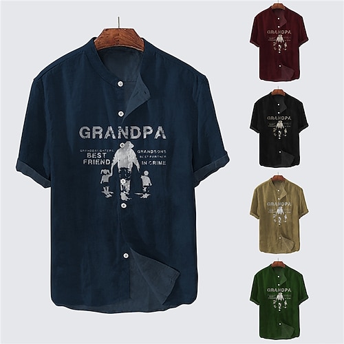 

Men's Shirt Letter Graphic Prints Vintage Father's Day Stand Collar Black Wine Navy Blue Green Khaki Outdoor Street Short Sleeve Button-Down Print Clothing Apparel Fashion Designer Casual Comfortable